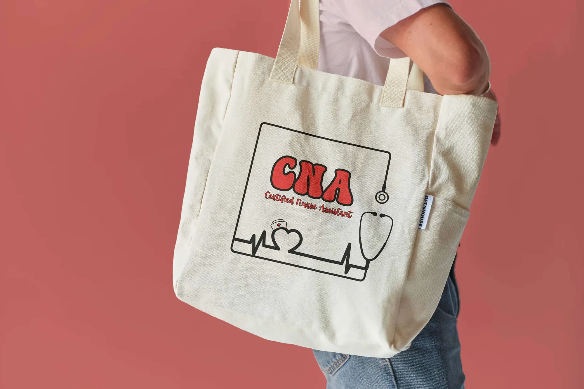 Natural canvas CNA tote with stethoscope and heartbeat artwork